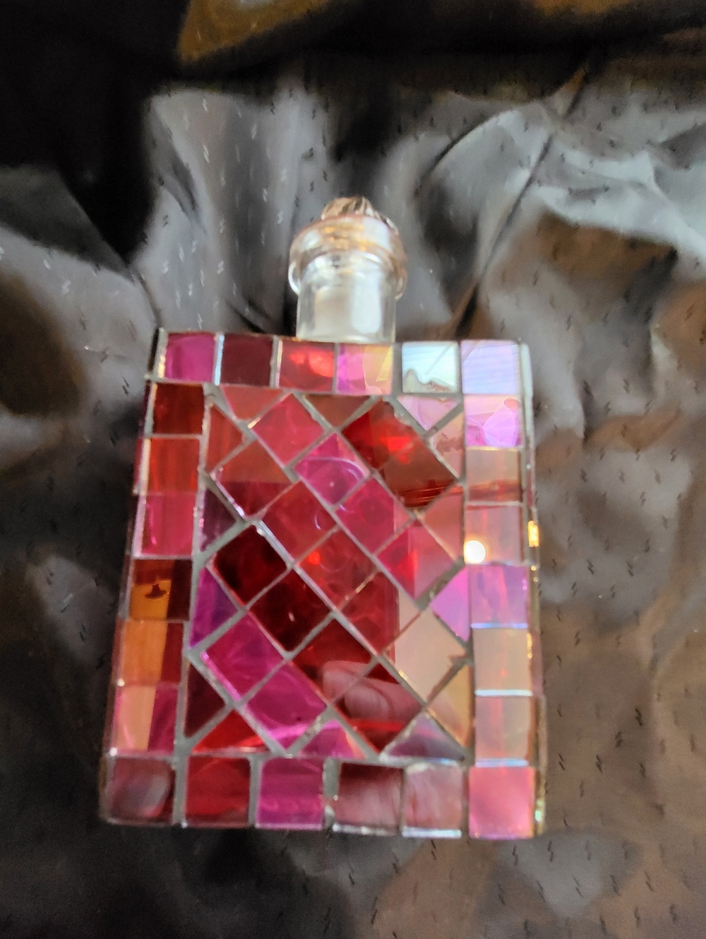 Faceted 5.5 x 3 In. Glass Perfume Bottle with Pink Mosaic Panels With Stopper - Picture 10 of 12
